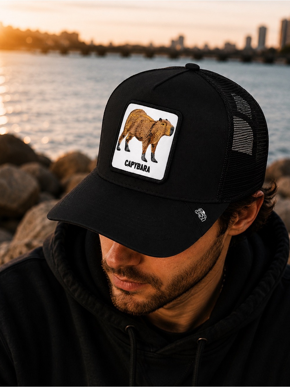 Capybara Animal Patch black Trucker Hat Mesh Snapback Baseball Cap